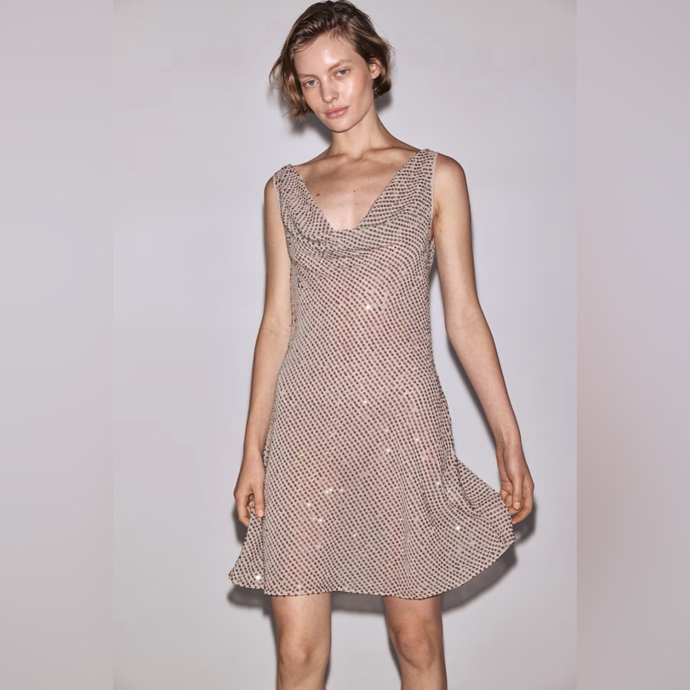 NWT BEIGE/TAUPE SEQUINED COWL-NECK DRESS SIZE SMALL
